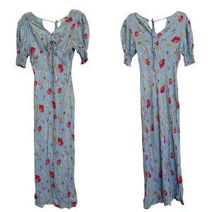 Topshop Blue Floral Puff Sleeve Midi Babydoll Slip Dress Sz 8 Coquette Ethereal